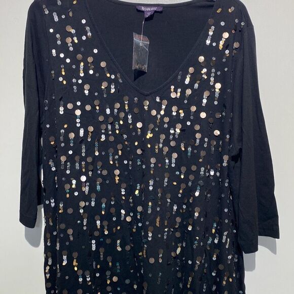 Roaman's Women's Black Embellished Sequin V-Neck 3/4 Sleeve Tunic Size 1X NWOT - Picture 1 of 11